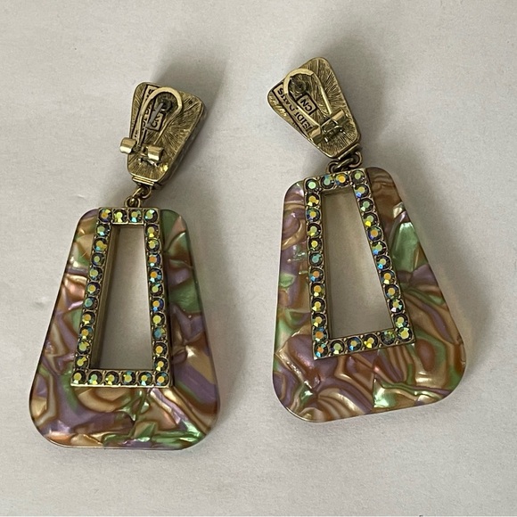 Heidi Daus abalone shell print plastic, Swarovski crystal pierced earrings